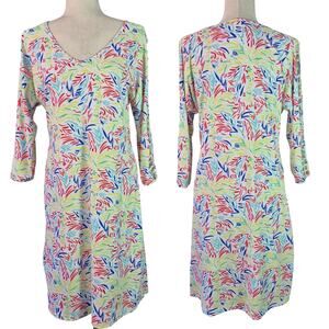 Lulu B White Pink Blue Yellow Abstract Sketched Palms UPF50 Dress Small